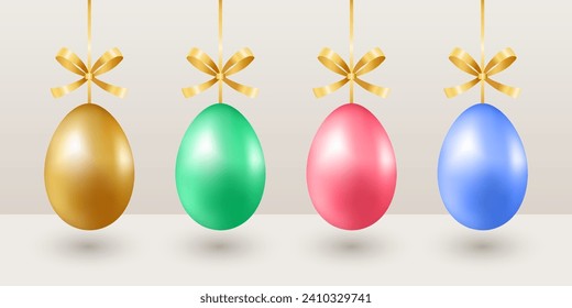 Set of Easter colorful eggs with golden bows. Gold, green, pink and blue eggs. Happy easter.