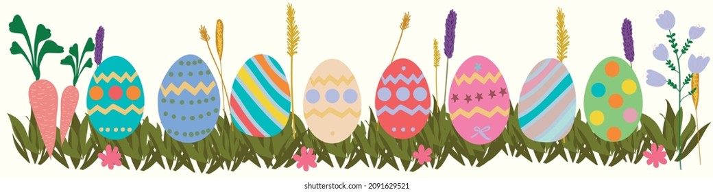 Set of easter colorful eggs on grass with carrots and flowers