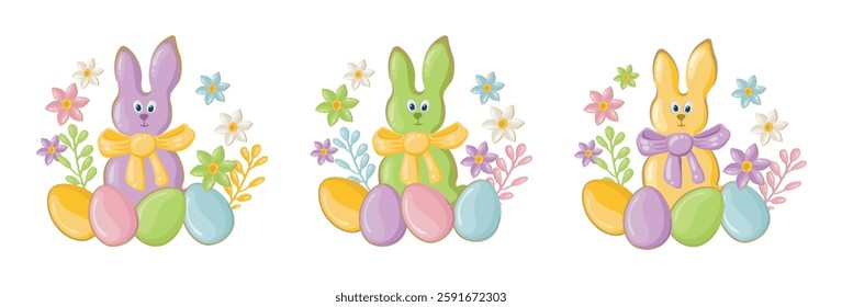 Set of Easter composition with a rabbit, colorful eggs and spring flowers for a postcard. For designing Easter greetings. Vector background for celebration and invitation to a traditional holiday.