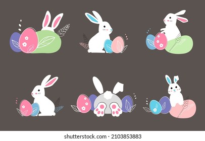 Set of Easter compositions with bunnies. Easter white bunny that hunts for eggs. Funny hare's collect colored eggs in a flower meadow.