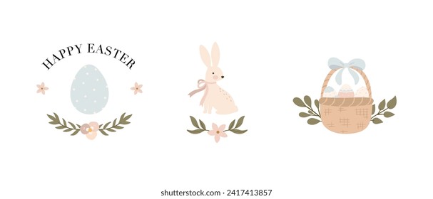 Composiciones de Pascua con conejito y cesta con huevos. El concepto de vacaciones y primavera. Ilustración del vector aislada en fondo blanco
