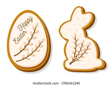 Set of Easter cookies in the form of Egg and Rabbit. Gingerbread cookies with pastel glaze and willow isolated on white background. A holiday of religion. Vector illustration