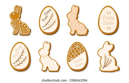 Set of Easter cookies in the form of Eggs and Rabbits. Gingerbread cookies with pastel glaze isolated on white background. A holiday of religion. Vector illustration