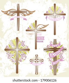 Set of easter crosses with floral decorations and ribbons