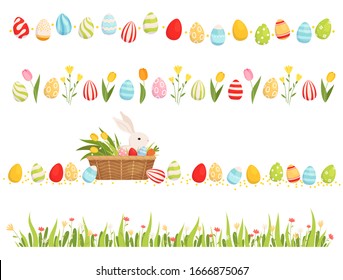 A set of Easter curbs. Tapes of painted eggs, tulips and herbs with flowers. Decoration for Easter design