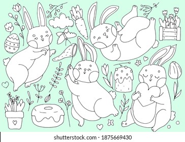 set of easter cute bunnies, eggs, plants, spring set, linear doodle illustration