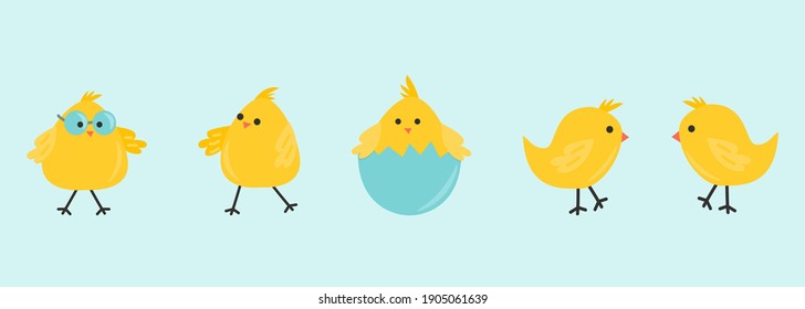 Set of Easter with cute chickens. Perfect for holiday decoration, greeting cards, scrapbooking, party invitation, poster, sticker. Cartoon vector illustration