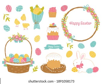 Set of Easter cute design elements. Basket, Easter cake, wreath, bouquet, egg, chickens, rabbit. Items isolated on a white background. Vector illustration in the style of hand drawn flat