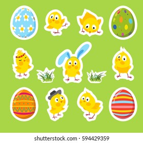 Set of Easter cute funny stickers, Icons with chicks, decorative eggs, and green grass, Isolated vector elements for decoration