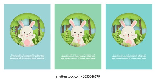Set of Easter day cards with cute rabbits bunny in paper cut and craft style . Happy Easter day .