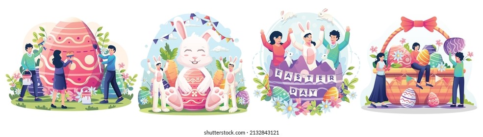 Concepto del Día de Pascua. La gente feliz celebra el Día de Pascua con conejitos, canastos llenos de huevos de Pascua, flores y decoraciones. ilustración vectorial	
