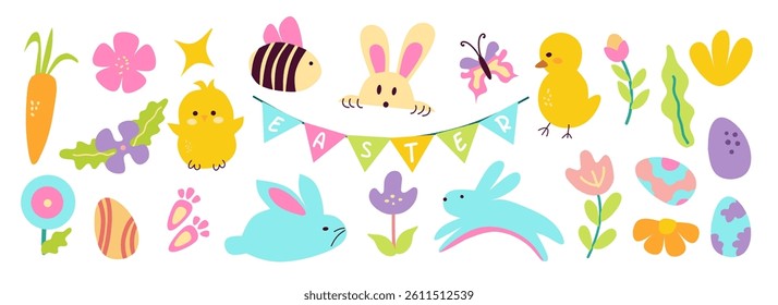 Set of of Easter day icon elements with bunny, hen, bird characters, eggs, flower, leaves and butterfly. Cheerful festive decoration with a focus on the Easter holiday. Colorful vector illustration.