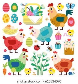 Set of Easter day. Illustration with cute chickens, spring flowers, Easter cakes and eggs