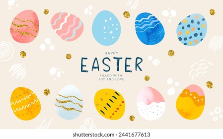 Set of Easter decorated eggs. Happy Easter banner with handwritten inscription, hand-drawn dots and strokes, gold sequins and eggs. Horizontal poster, greeting card, website header