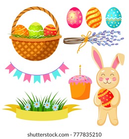 Set of Easter decoration elements bunny, eggs, cake, willow branches, flags, spring flowers, cartoon vector illustration isolated on white background. Easter bunny, eggs in basket and spring flowers