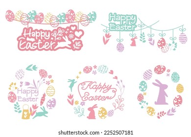 Set of Easter decoration elements. Happy easter garland, hanging decoration, round frame and label design ornaments. Happy easter icon collection. Vector illustration.