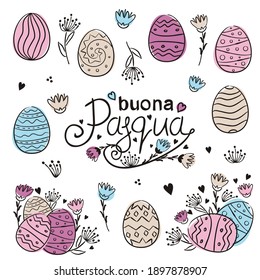 Für eine Osterdekoration in Italien. Frohe Ostern in italienischer Sprache. Eier und Blumen in Doodle-Stil gestrichen. Mehrfarbige Flecken in der Wasserfarbe. Vektorelemente für Design. Übersetzung: Frohe Ostern