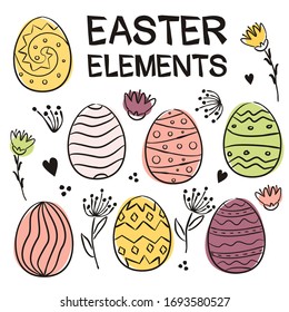 Set for easter decoration. Painted eggs and flowers in doodle style. Multi-colored watercolor stains. Vector elements for the design of Easter cards, posters and banners.