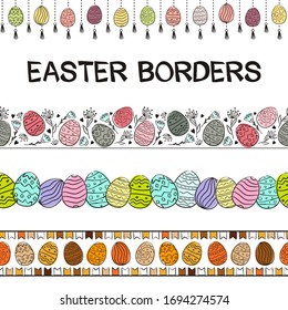Set for easter decoration. Seamless patterns for frames and borders. Painted eggs and flowers in doodle style. Vector elements for the design of Easter cards, posters and banners.