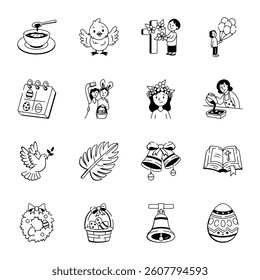 Set of Easter Decorations Hand Drawn Icons 

