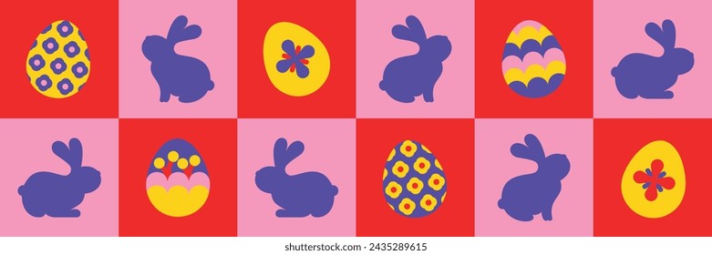Set von Osterdekorationen, Osterferien, Osterhase und Eier. Ostern Postkarte und Vorlage.