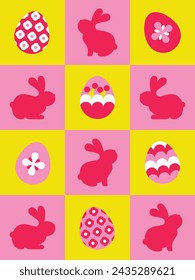 Set of Easter decorations, Easter holidays, Easter bunny and eggs. Easter postcard and template.