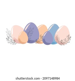 Set of Easter decorative eggs in pastel colors with decorated botanical elements.Vector illustration.