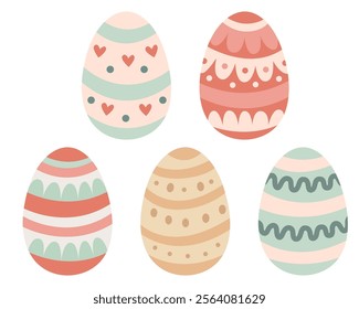 Set with Easter decorative eggs in pastel colors, hand drawn flat style. Perfect for greeting cards, invitations, seasonal banners, and holiday designs.   