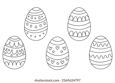 Set with Easter decorative eggs. Vector illustration in hand drawn doodle style, black outline. Perfect for greeting cards, invitations, seasonal banners and coloring books