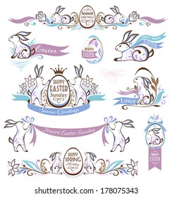 Set of easter decorative emblems with rabbits