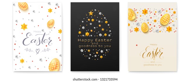 Set of Easter decorative invitation. Festive pattern made from glittering gold and silver stars and pearls. Poster with design of handwritten greetings text. Greetings card for Church Easter holidays.