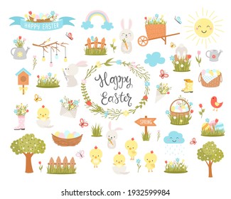 Set of Easter design elements. Easter cartoon characters and floral elements. For holiday decoration and spring greeting cards. Bunny, chickens, eggs and flowers. Vector illustration.