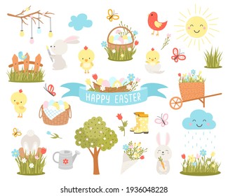 Set of Easter design elements. Easter cartoon characters and floral elements. For holiday decoration and spring greeting cards. Bunny, chickens, eggs and flowers. Vector illustration.