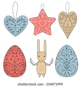 Set of easter design elements: colored painted easter eggs, hearts, star and bunny