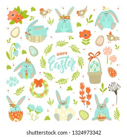 Set of Easter design elements. Cookie eggs, chicken, rabbits, flowers, branches, basket, holiday lettering. Perfect for holiday decoration and spring greeting cards