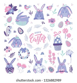 Set of Easter design elements. Cookie eggs, chicken, rabbits, flowers, branches, basket, holiday lettering. Perfect for holiday decoration and spring greeting cards