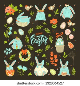 Set of Easter design elements. Cookie eggs, chicken, rabbits, flowers, branches, basket, holiday lettering. Perfect for holiday decoration and spring greeting cards