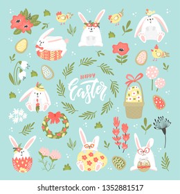 Set of Easter design elements. Cookie eggs, chicken, rabbits, flowers, branches, basket, holiday lettering. Perfect for holiday decoration and spring greeting cards