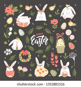 Set of Easter design elements. Cookie eggs, chicken, rabbits, flowers, branches, basket, holiday lettering. Perfect for holiday decoration and spring greeting cards