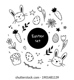 Set of Easter design elements. Cute faces of rabbits, festive Easter eggs, Easter cake, spring twigs, flowers and carrots. Vector hand-drawn illustration in doodle style. Perfect for cards, stickers