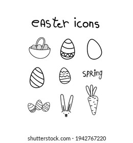 Set of Easter design elements. Cute chick, festive Easter eggs in a basket, Easter cake, spring flowers, willow and carrots. Vector hand-drawn illustration in doodle style. Perfect for cards, stickers