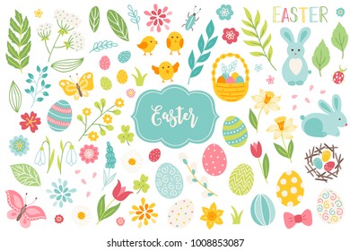 Set of Easter design elements. Eggs, chicken, butterfly, rabbit, tulips, flowers, willow, branches, basket, tulips, narcissus. Perfect for holiday decoration and spring greeting cards 