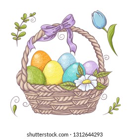 Set of Easter design elements. Eggs, tulips, flowers, willow, branches, basket, tulips, narcissus. Perfect for holiday decoration and spring greeting cards.