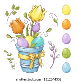 Set of Easter design elements. Eggs, tulips, flowers, willow, branches, basket, tulips, narcissus. Perfect for holiday decoration and spring greeting cards.