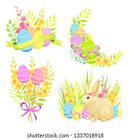 Set of Easter design elements. Eggs, bunny, flowers, bouquets, ribbons.