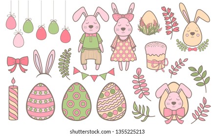 Set of Easter design elements. Eggs, rabbit, flowers, branches, basket, candle. Perfect for holiday decoration and spring greeting cards.Vector illustration