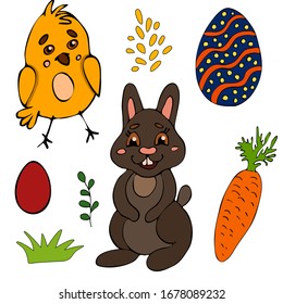 Set of Easter design elements. Eggs, chicken, rabbit, flowers. Perfect for holiday decoration and spring greeting cards