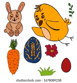 Set of Easter design elements. Eggs, chicken, rabbit, flowers. Perfect for holiday decoration and spring greeting cards