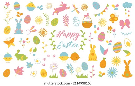 Set of Easter design elements. Eggs, dragonfly, butterfly, rabbit, tulips, flowers, leafs, branches, basket, chicks, narcissus. Perfect for holiday decoration and spring greeting cards, invitation. 