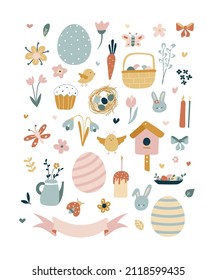 Set of Easter design elements. Eggs, chicken, butterfly, rabbit, tulips, flowers, willow, branches, basket, candles cake For holiday decoration and spring greeting cards Vector